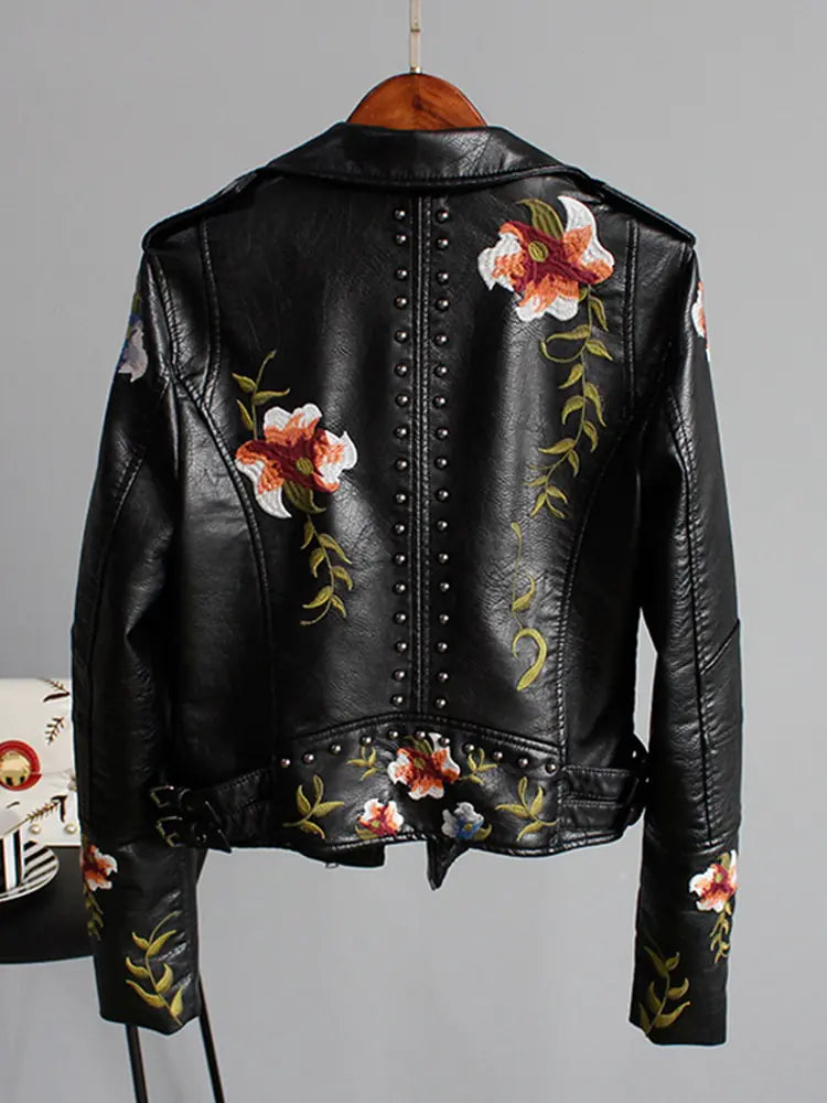 Floral Embroidered Faux Leather Biker Jacket – Women’s Studded Moto Style