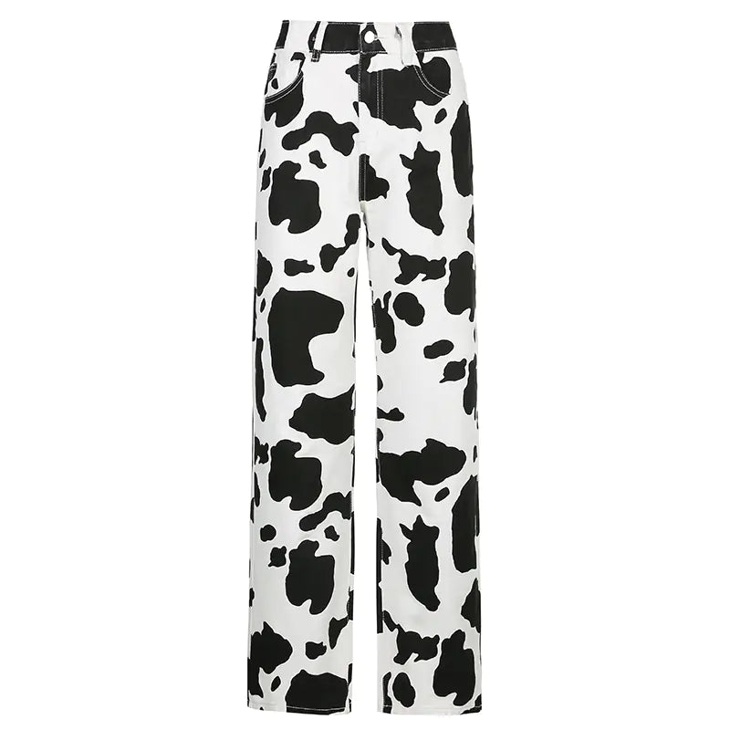 Cow Print High-Waisted Straight Leg Jeans – Black & White Denim