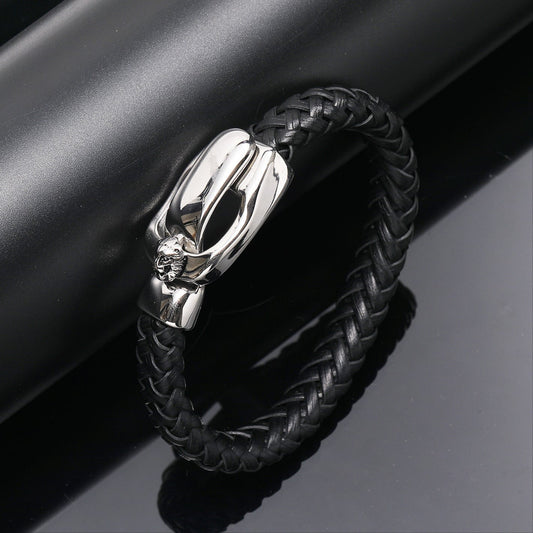 Pulseira Vintage de Couro e Aço Inoxidável