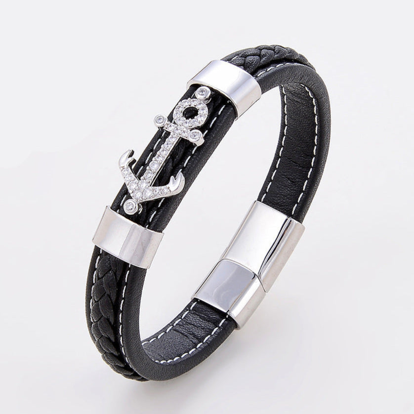 Pulseira de Couro e Aço Inoxidável