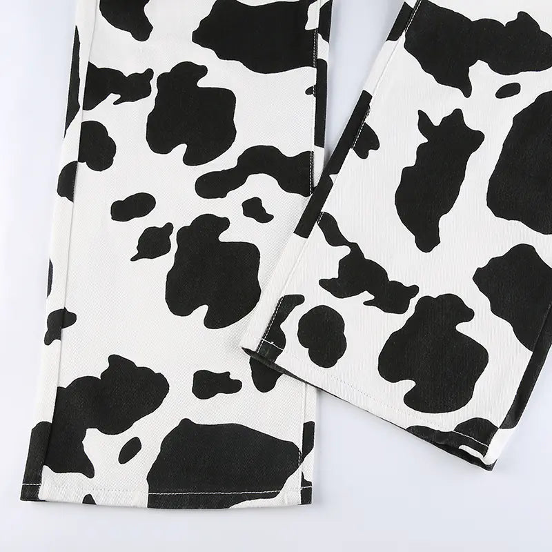 Cow Print High-Waisted Straight Leg Jeans – Black & White Denim