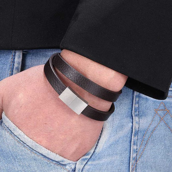 Pulseira de Couro e Aço Inoxidável