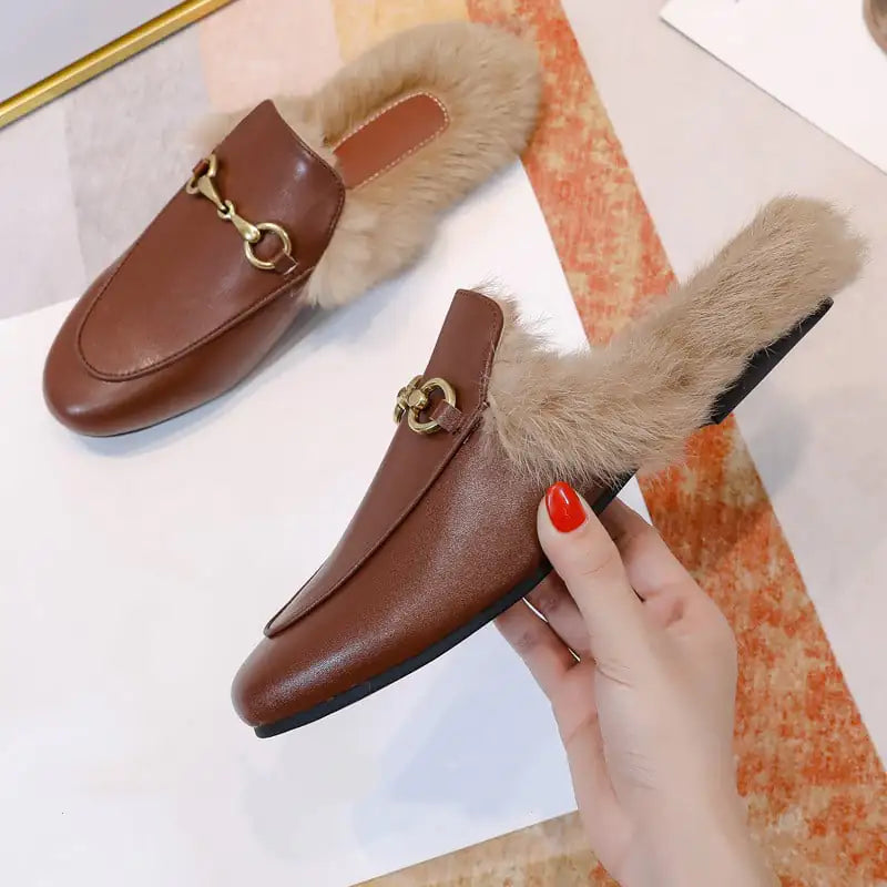 Flat-Bottomed Rabbit Fur Baotou Half Slippers