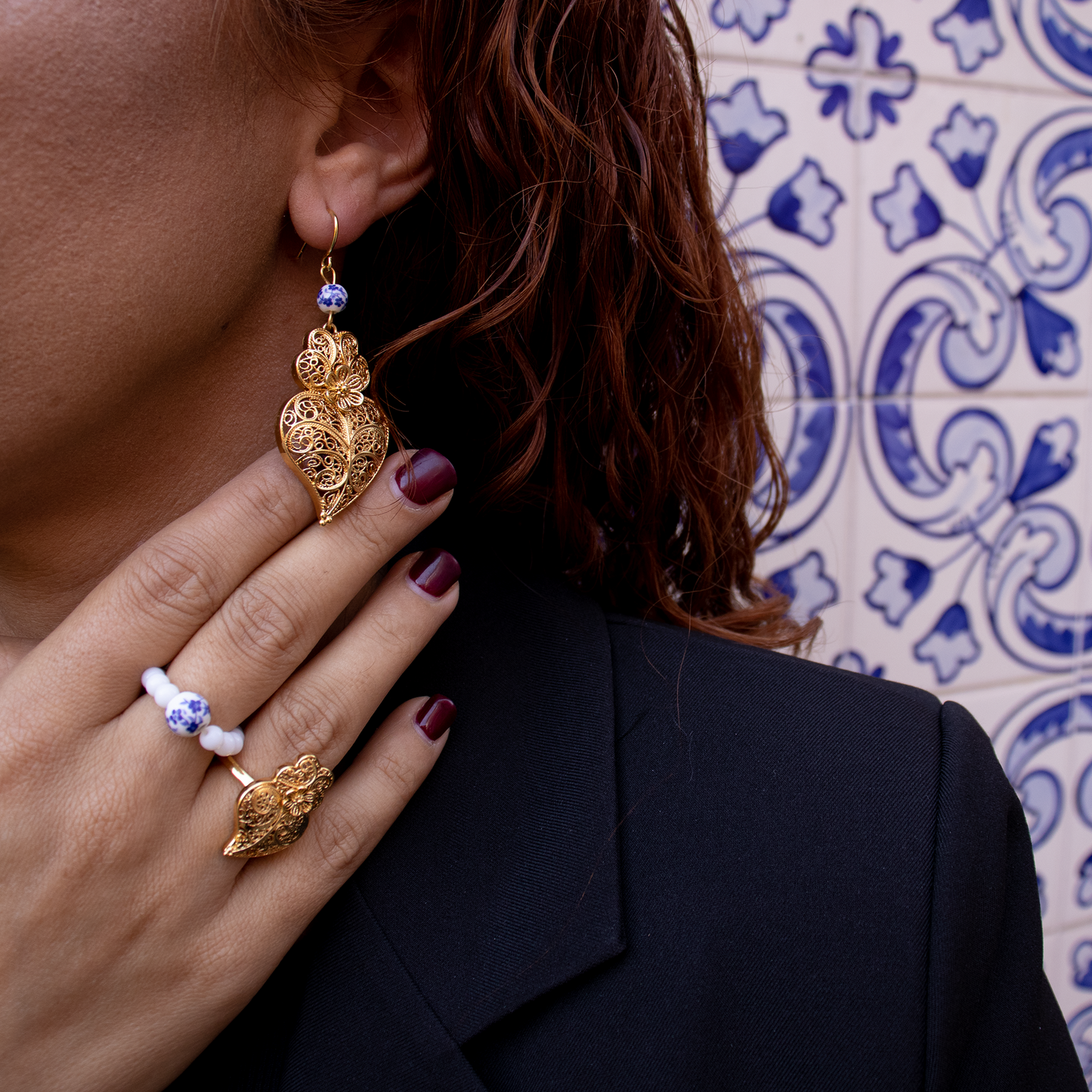 Anéis Encantos de Portugal - Coração Viana Inspiração Azulejos Portugueses