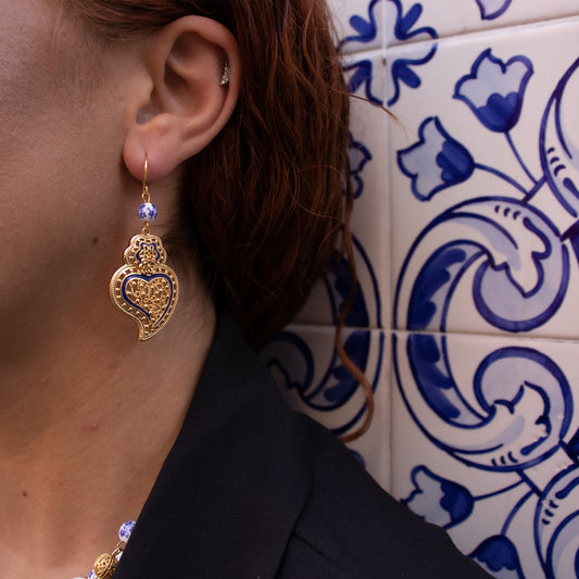 Brincos Encantos de Portugal - Coração de Viana Azul Inspiração Azulejos Portugueses