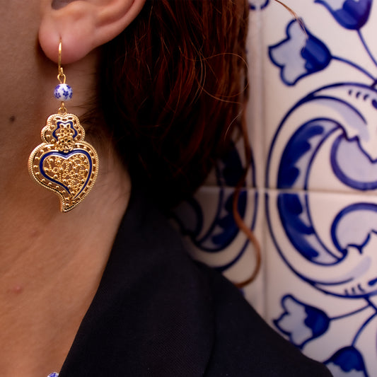 Brincos Encantos de Portugal - Coração de Viana Azul Inspiração Azulejos Portugueses