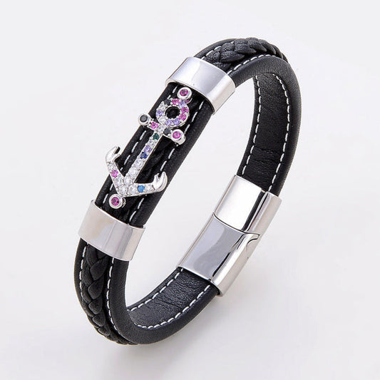 Pulseira de Couro e Aço Inoxidável