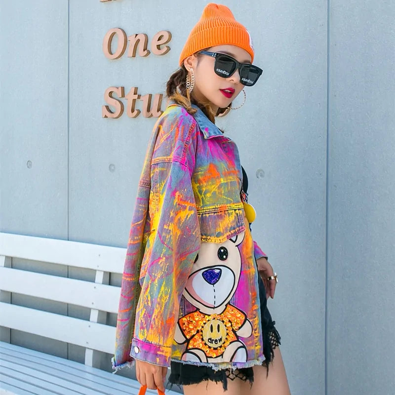 Graffiti Bear Print Denim Jacket – Colorful Streetwear Style for Women