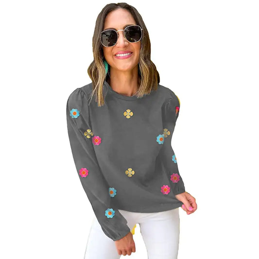Flower Embroidered Long Sleeve Sweater