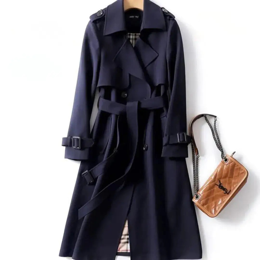 Classic Double-Breasted Trench Coat – Women’s Long Belted Overcoat with Plaid Lining