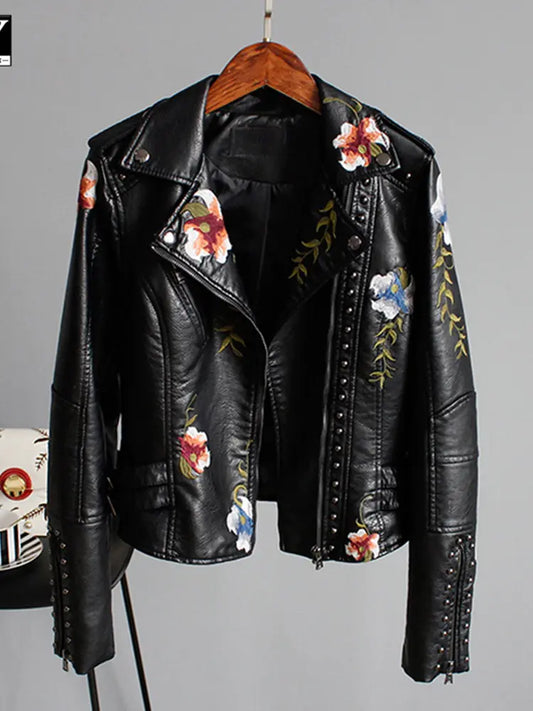 Floral Embroidered Faux Leather Biker Jacket – Women’s Studded Moto Style