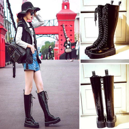 Women's Flat Martin Boots - Knee-High Style