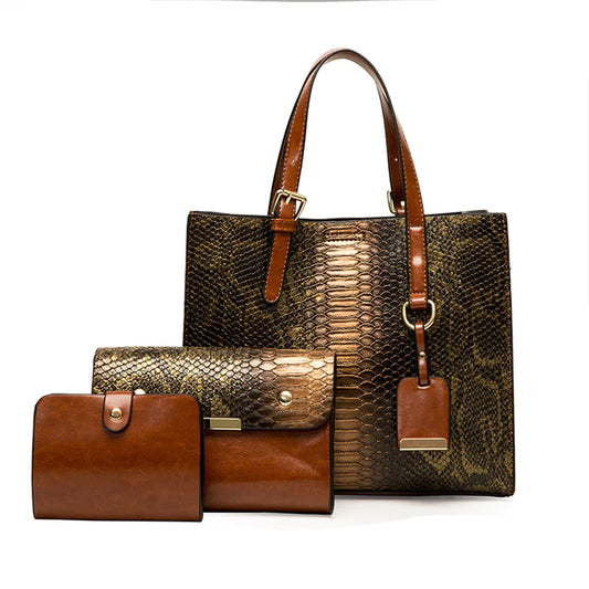 3-Piece Faux-Leather Handbag & Wallet Set – Vintage Snakeskin Accent