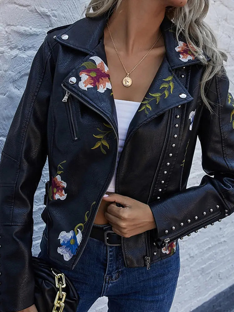 Floral Embroidered Faux Leather Biker Jacket – Women’s Studded Moto Style