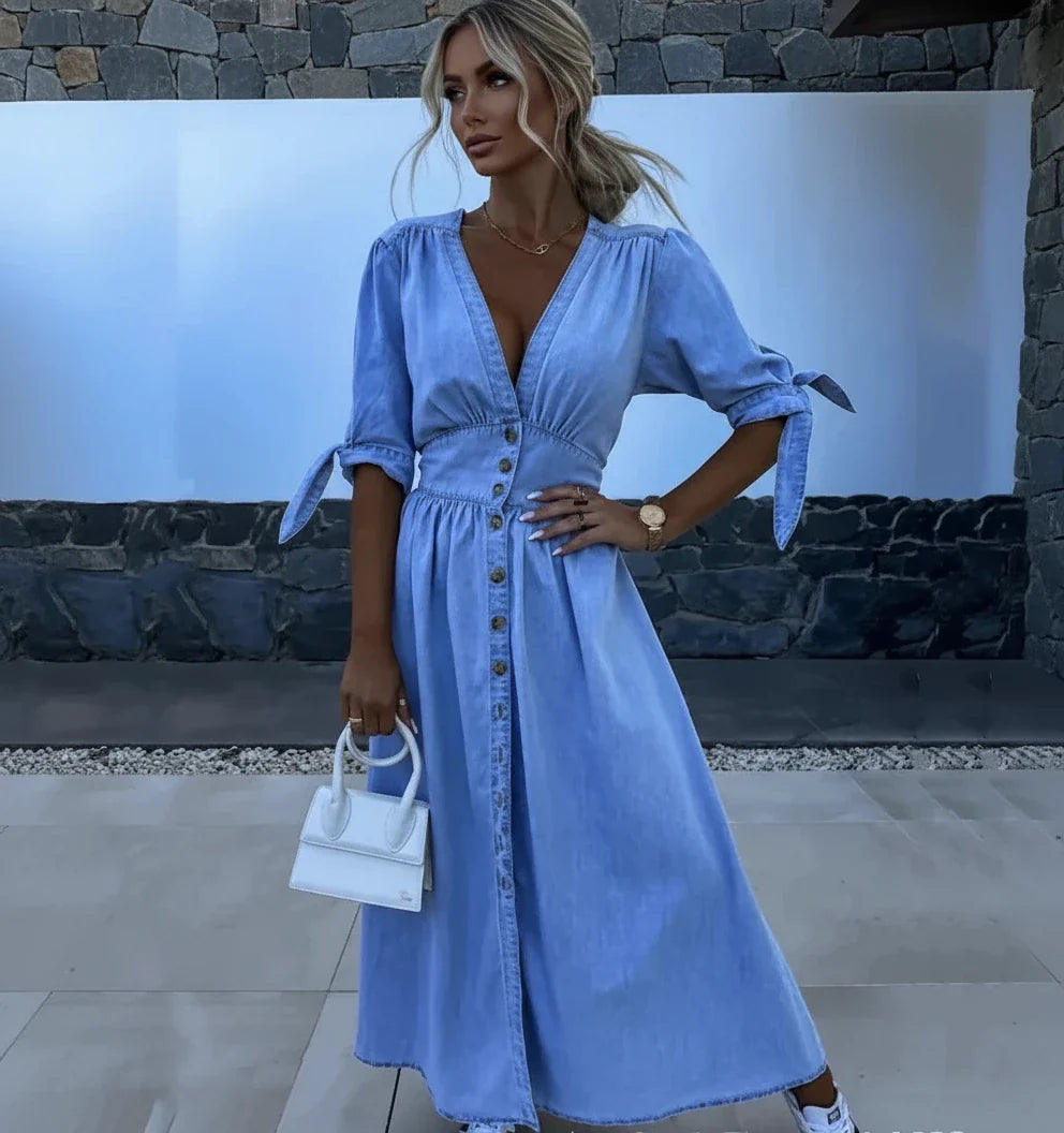 Chic Denim Midi Dress with Button Front & Tie Sleeves – Women's Dress