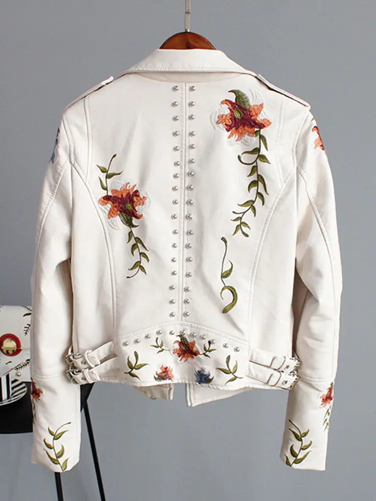 Floral Embroidered Faux Leather Biker Jacket – Women’s Studded Moto Style
