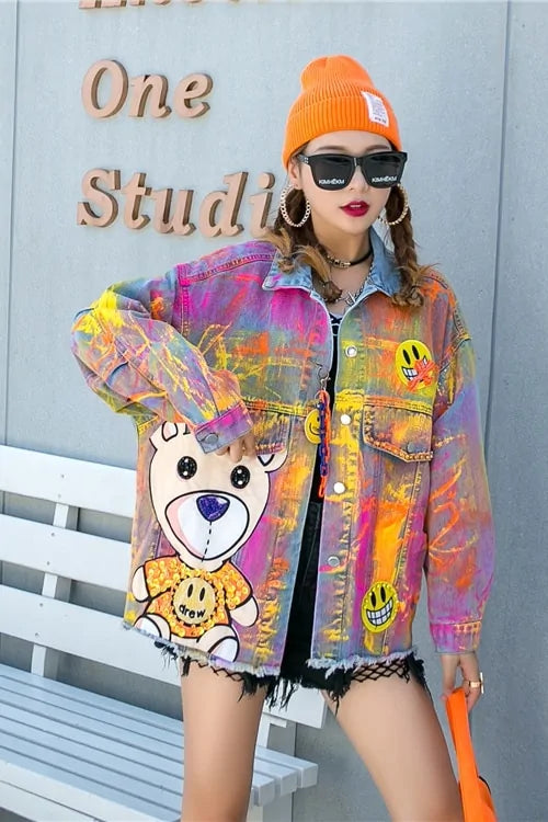 Graffiti Bear Print Denim Jacket – Colorful Streetwear Style for Women