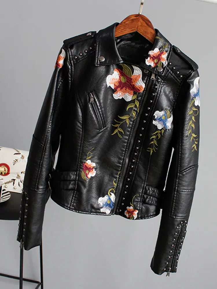 Floral Embroidered Faux Leather Biker Jacket – Women’s Studded Moto Style