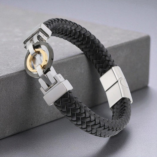 Pulseira de Couro e Aço Titânio