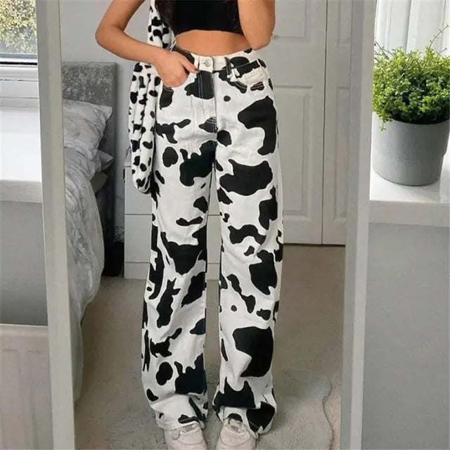 Cow Print High-Waisted Straight Leg Jeans – Black & White Denim
